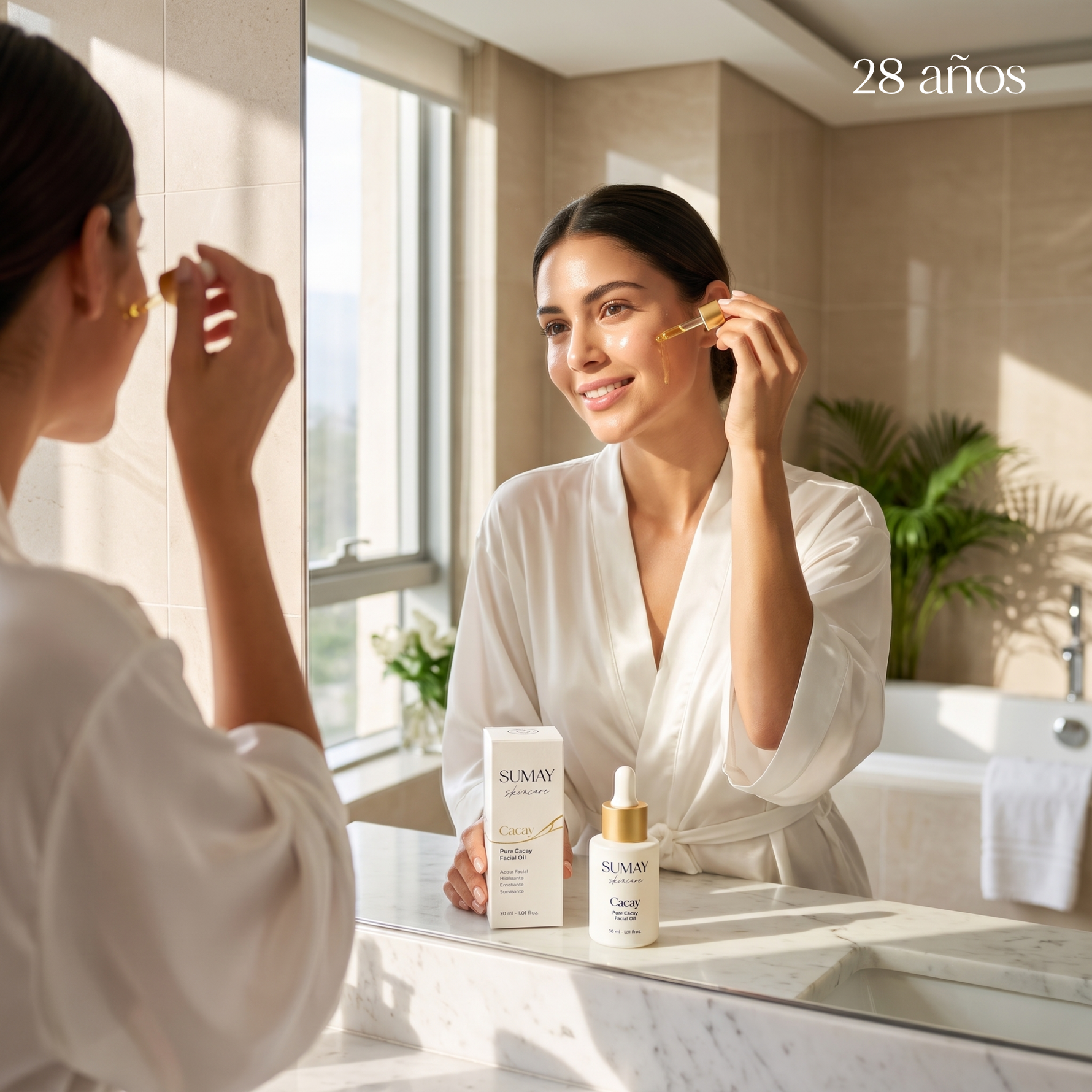 A woman in a white robe applies skincare from a dropper bottle while looking into a bathroom mirror. Two SUMAY skincare products, a box and a dropper bottle, sit on the marble counter in front of her.