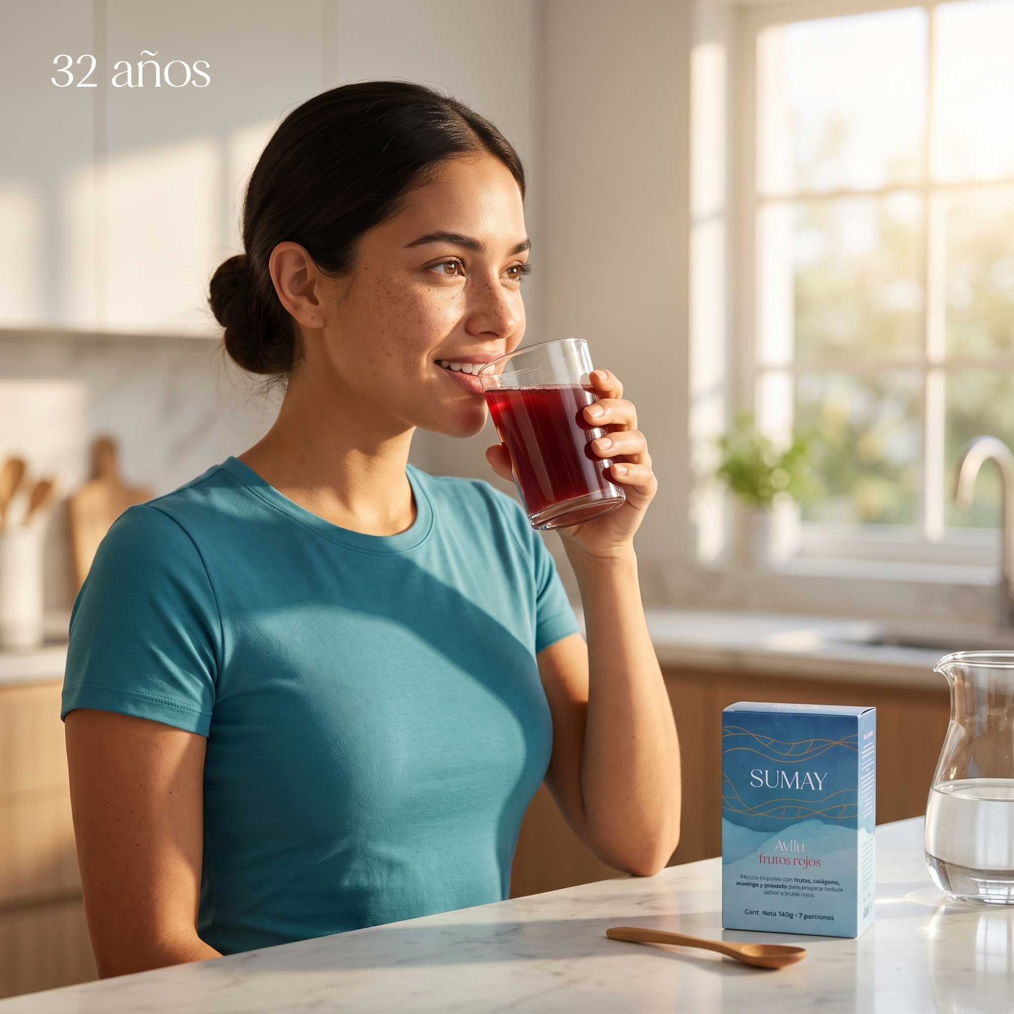 Mujer de 32 años sentada tomando un vaso de Ayllu frutos rojos.